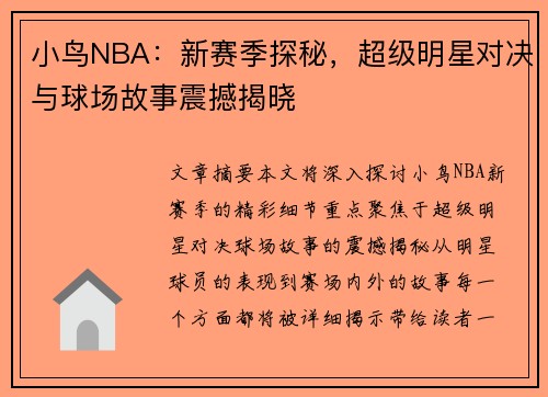 小鸟NBA：新赛季探秘，超级明星对决与球场故事震撼揭晓